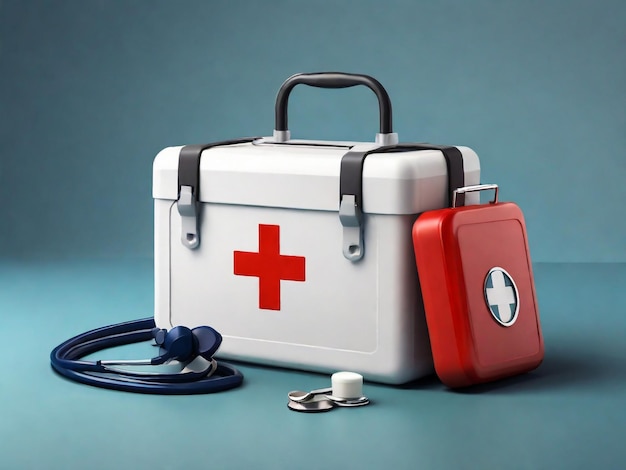 Kit di pronto soccorso con stetoscopio borsa rossa per medici con croce bianca con riflesso concetto di assistenza paramedica di assistenza sanitaria di emergenza elemento di design grafico per volantino poster eb illustrazione 3D