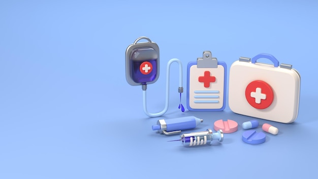 Kit medico e rifornimenti su uno sfondo blu