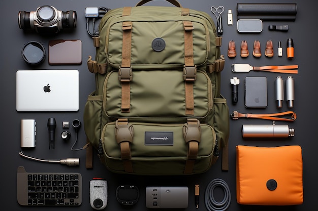 Kit per blog di viaggio con attrezzatura fotografica per laptop e strumenti per blog di viaggio IA generativa