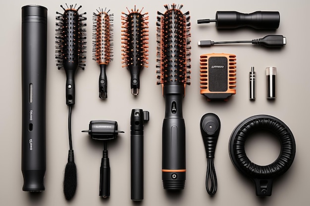 Kit per la acconciatura dei capelli con spazzole, asciugamani e prodotti per l'acconciatura Generative AI