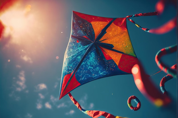 Kite Parrot che vola nel cielo blu tra le nuvole in concept per il Festival Internazionale degli Aquiloni