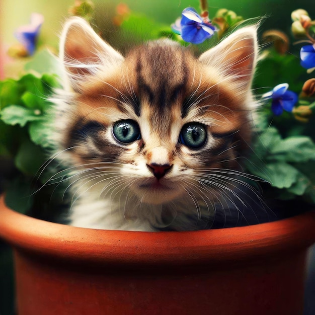 Kitten siede in un vaso di fiori Kitty in giardino gattino carino gatto domestico simpatico gatto ai generato