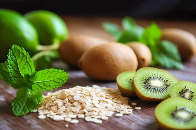 Kiwi e fiocchi d'avena su un fuoco selettivo della tavola di legno IA generativa