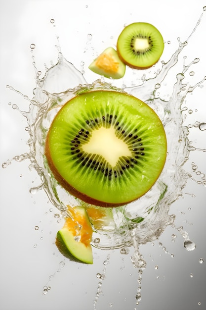 Kiwi in spruzzi d'acqua sfondo bianco ai generativa