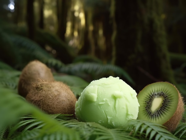 Kiwi in una foresta con foglie verdi