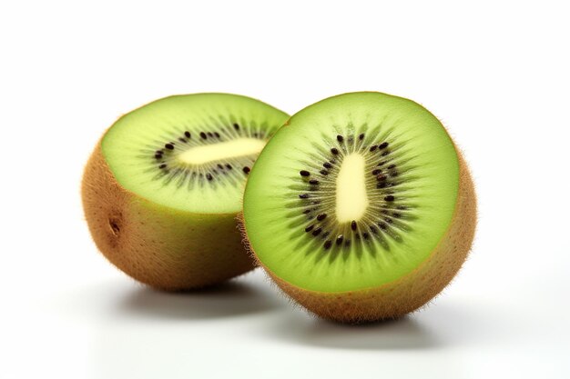 Kiwi intero e tagliato a metà isolato su sfondo bianco