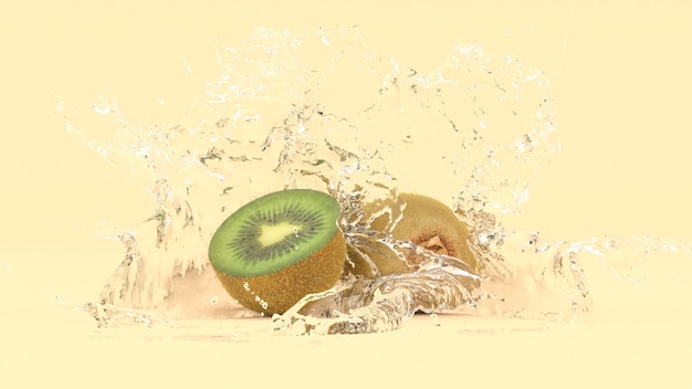 Kiwi su sfondo giallo in spruzzi d'acqua, illustrazione 3d