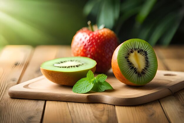 kiwi su un tagliere con una foglia verde.