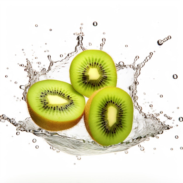 Kiwi tagliato a metà con spruzzi d'acqua su uno sfondo isolato