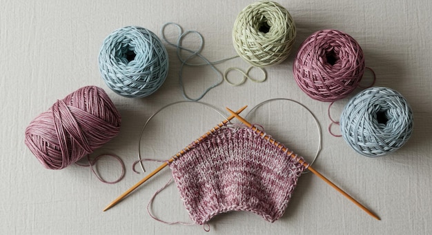 Knitting Supplies Colorful Yarn Balls and Needles