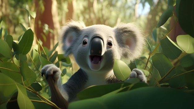 Koala animati che mangiano foglie di eucalipto in un'affascinante foresta in stile cartone animato