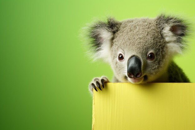 Koala carino in una scatola gialla su sfondo verde