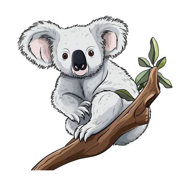 Koala cartone animato colori naturali contorno nero disegno a fumetti su sfondo bianco generato da IA