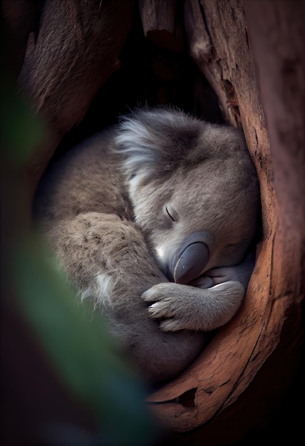 Koala che dorme su un albero raggomitolato in una palla generativa ai