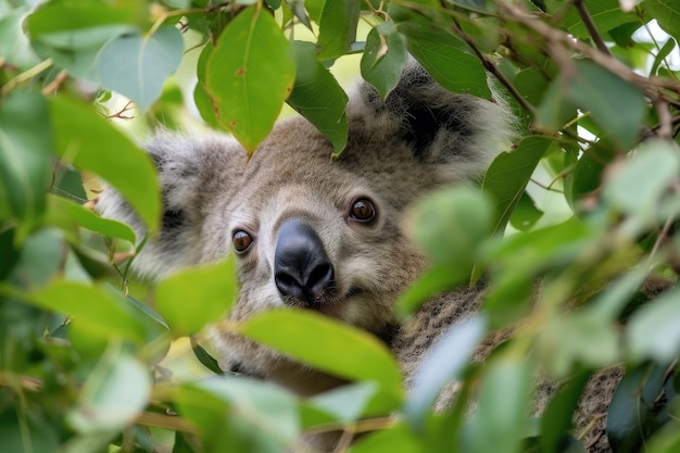 Koala che gioca a cucù dietro le foglie dell'albero di sua madre creato con l'intelligenza artificiale generativa