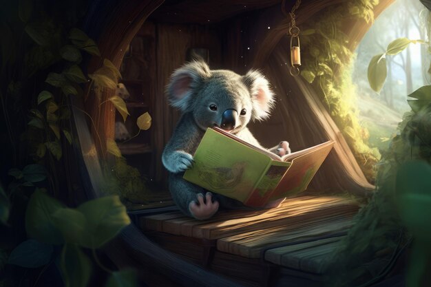 Koala che legge nella casa sull'albero Anima selvatica intelligente Animale grigio peloso con libro di storie Generare ai