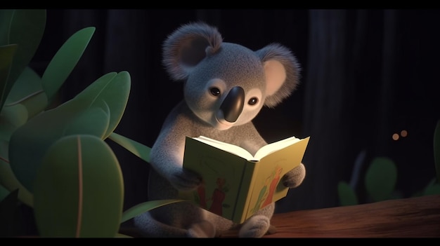 Koala che legge un libro al buio