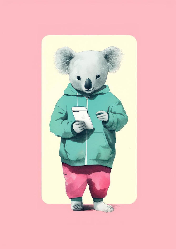 Foto koala che usa uno smartphone risograph carina rappresentazione elettronica