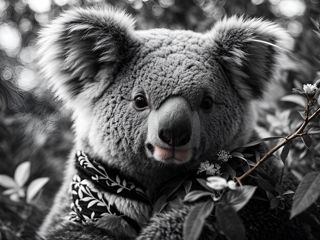 koala con bellissimi fiori bianchi e neri