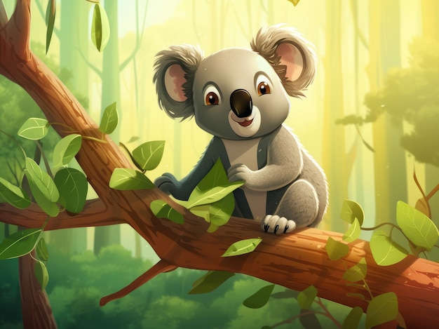 Koala del fumetto nella foresta di eucalipti estivi in una giornata di sole