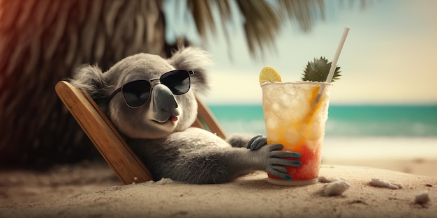 Koala è in vacanza estiva in località balneare e si rilassa sulla spiaggia estiva