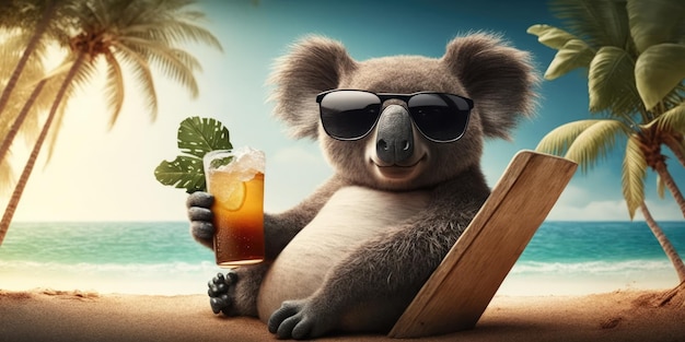 Koala è in vacanza estiva in località balneare e si rilassa sulla spiaggia estiva