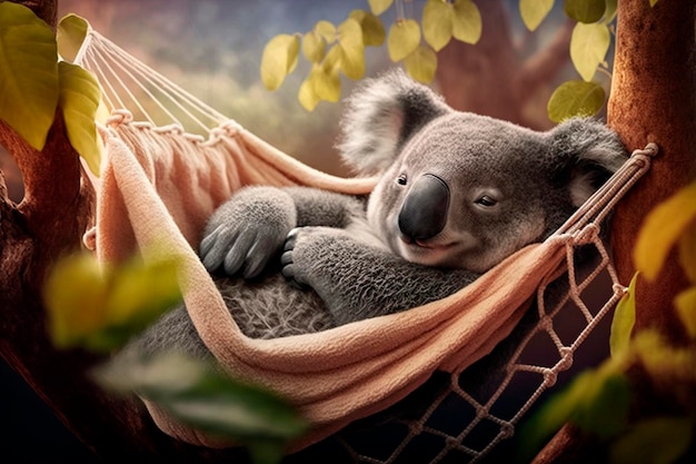Koala giace pigramente su un'amaca e fa un pisolino Contenuto generato dall'intelligenza artificiale