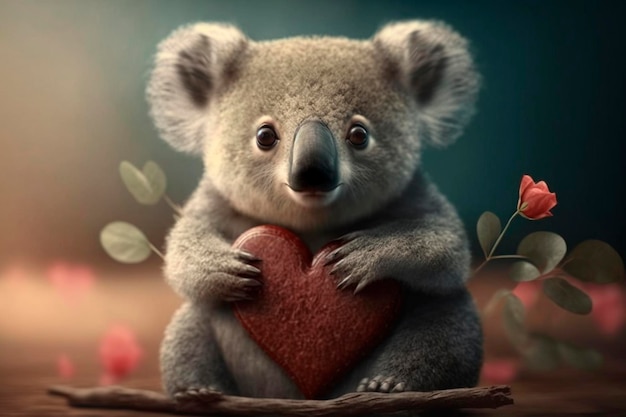 Koala innamorato del cuore per San Valentino, festa della mamma o anniversario di matrimonio