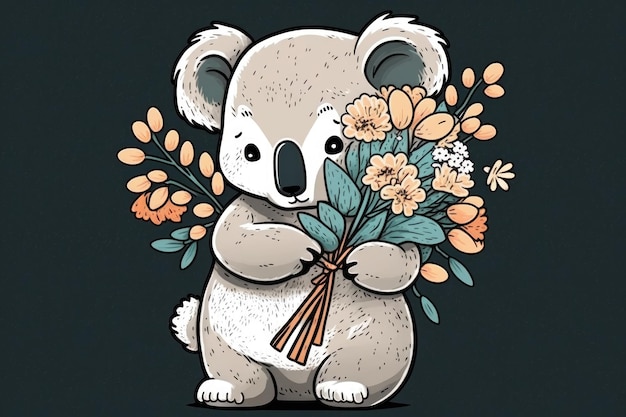 Koala kawaii con un mazzo di fiori bianchi L'animale è piuttosto carino