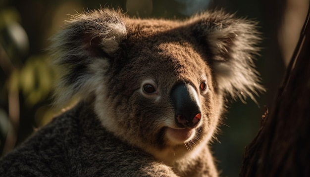 Koala marsupiale in via di estinzione che guarda la macchina fotografica nell'albero di eucalipto generato dall'intelligenza artificiale