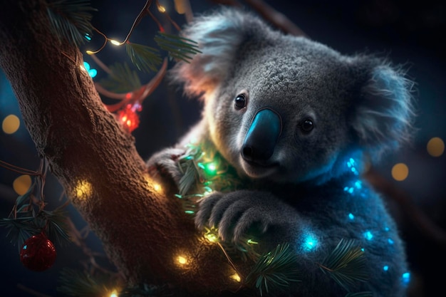 Koala seduto su un albero di Natale con luci Contenuti generati dall'intelligenza artificiale