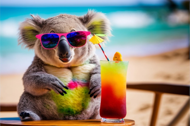 Koala seduto su una sedia con un bicchiere di cocktail