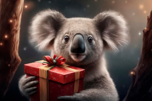 Koala siede tra i regali di Natale alla vigilia di Natale Contenuti generati dall'intelligenza artificiale