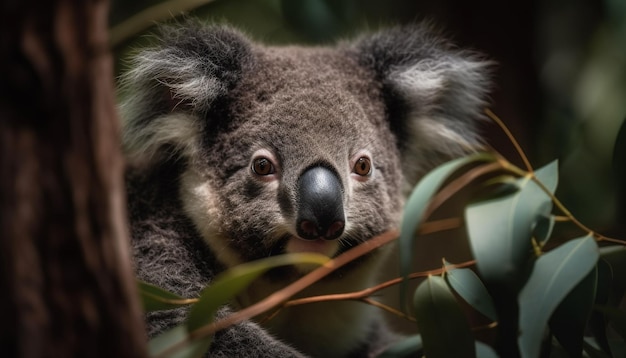 Koala soffice seduto su un ramo di eucalipto dall'aspetto carino generato dall'intelligenza artificiale