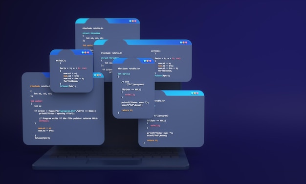 Kode pemrograman pengembangan web atau pengembangan aplikasi dan desain web di komputer untuk latar belakang 3D SEO