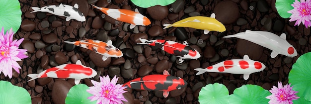 Koi o pesci koi di fantasia nuotano in cerchio Trasmettono buona fortuna nel feng shui Pesci che nuotano in uno stagno di loto con fiori di loto rosa Il fondo dello stagno è una roccia fluviale Rendering 3D