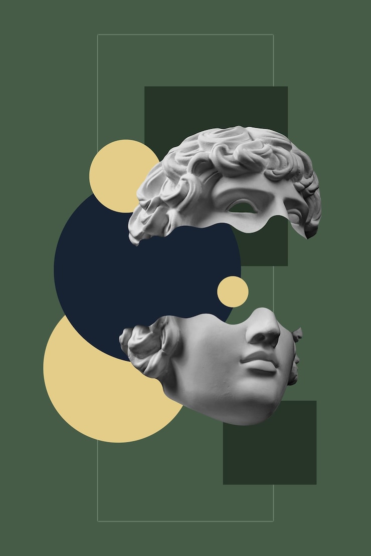 Kolase dengan patung antik dari plester wajah manusia dalam gaya pop art. Gambar konsep kreatif modern dengan kepala patung kuno. Budaya Zine. Poster seni kontemporer. Minimalisme funky. Desain retro.
