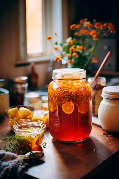 Kombucha in cucina sul tavolo bevanda generativa AI