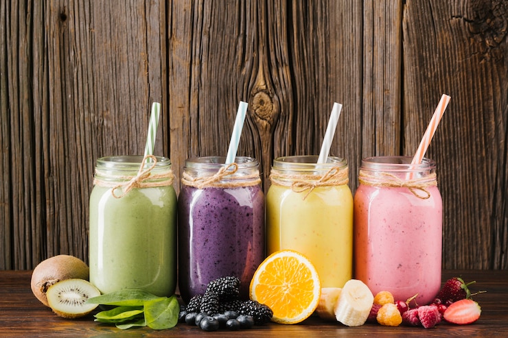 Photo komposisi buah dan smoothie berwarna-warni dengan latar belakang kayu