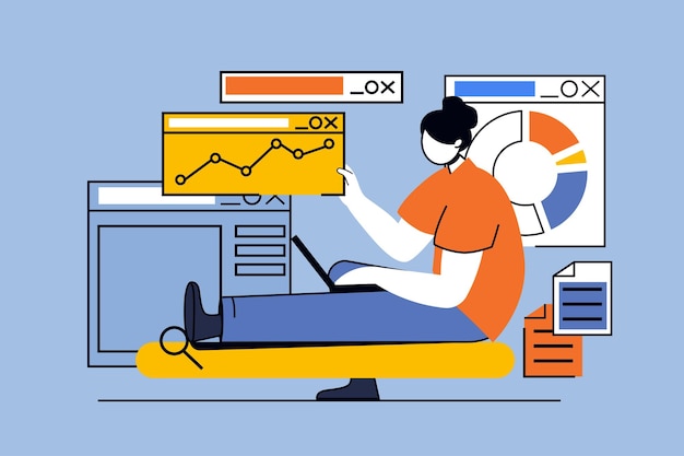 Konsep analisis SEO dengan tampilan orang dalam desain datar untuk web. Seorang wanita bekerja dengan optimalisasi data dan target untuk peringkat dan lalu lintas. Ilustrasi vektor untuk materi pemasaran banner media sosial