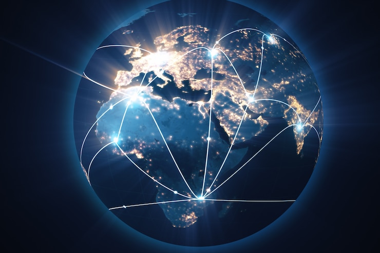 Photo konsep bisnis global tentang koneksi dan transfer informasi di dunia, ilustrasi 3d