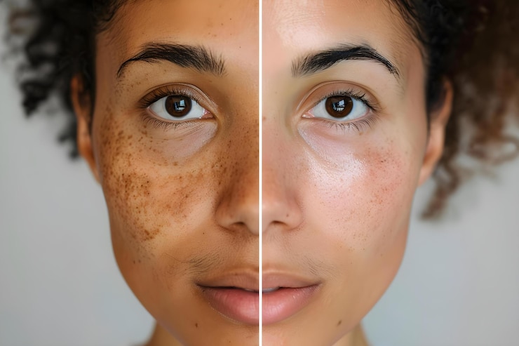 Photo konsep perawatan wajah sebelum dan sesudah untuk bintik cokelat melasma dan pori-pori terbuka pada wanita, kecantikan, perawatan kulit, perawatan wajah, bintik cokelat melasma