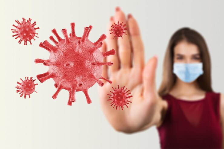 Photo konsep virus covid-19. gadis cantik mengenakan masker dan ilustrasi virus.