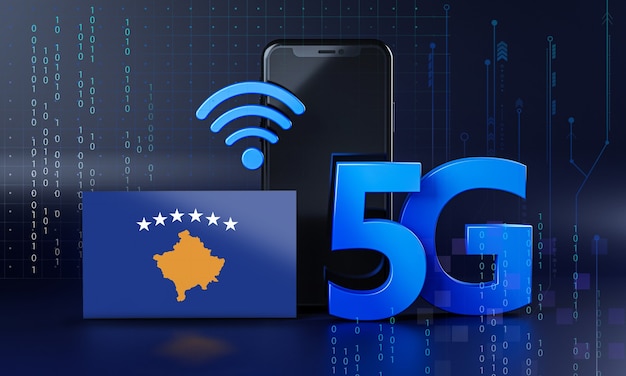 Kosovo pronto per il concetto di connessione 5G. Sfondo di tecnologia Smartphone rendering 3D