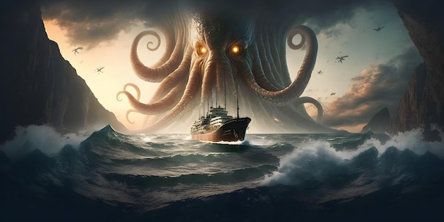 Kraken o Cthulhu attaccano una nave nell'oceano