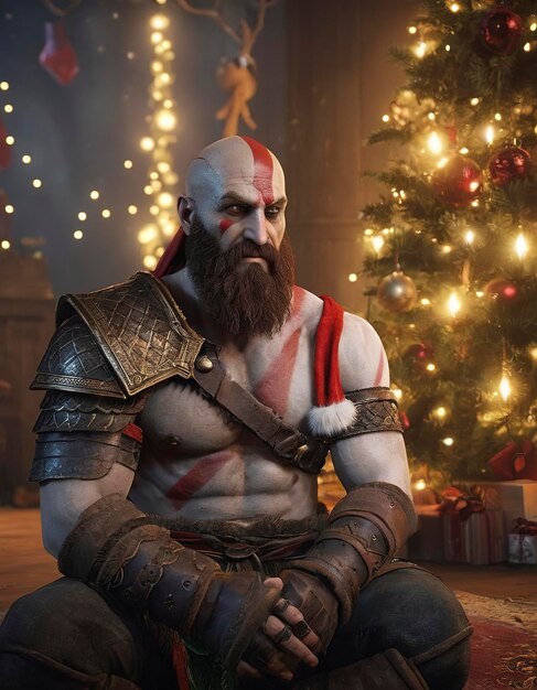 Kratos del gioco God of War seduto di fronte a un albero di Natale