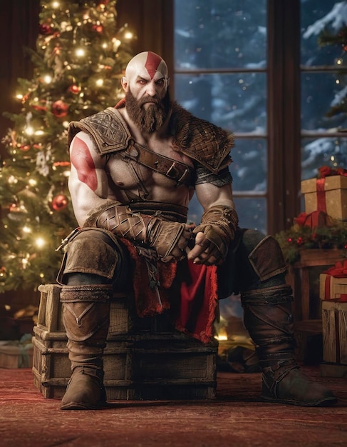 Kratos del gioco God of War seduto di fronte a un albero di Natale