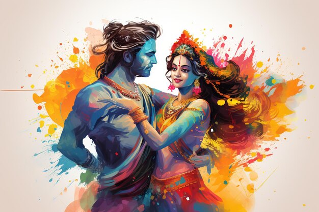 Krishna e Radha celebrano insieme la festa di Holi Generative Ai