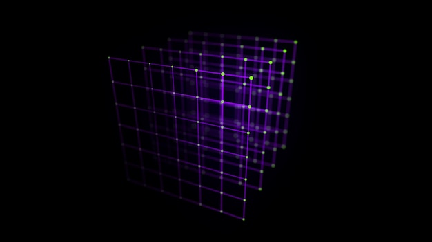 Kubus biru abstrak dengan latar belakang hitam Struktur persegi wireframe dengan partikel dan garis yang bercahaya Ilustrasi digital futuristik Render 3D