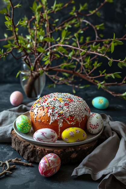 Kulich di Pasqua decorato con uova di Pasqua